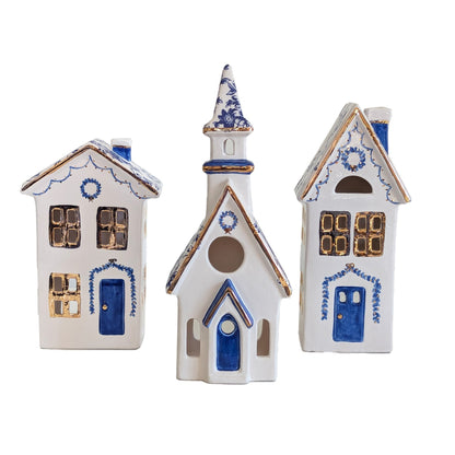 Blue & White Toile Christmas Village, 3-Piece Set with 22K Gold Accents