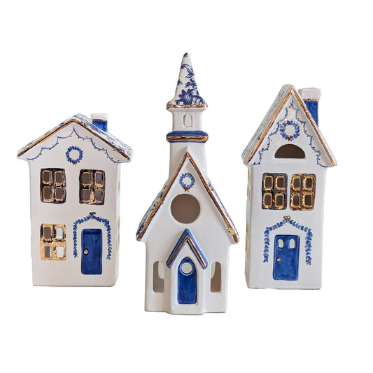 Blue and White Toile Christmas Village 3-Piece Set with 22K Gold Accents