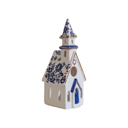 Blue & White Toile Christmas Village, 3-Piece Set with 22K Gold Accents