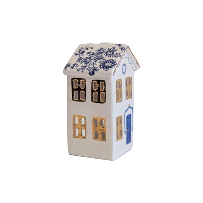 Blue & White Toile Christmas Village, 3-Piece Set with 22K Gold Accents
