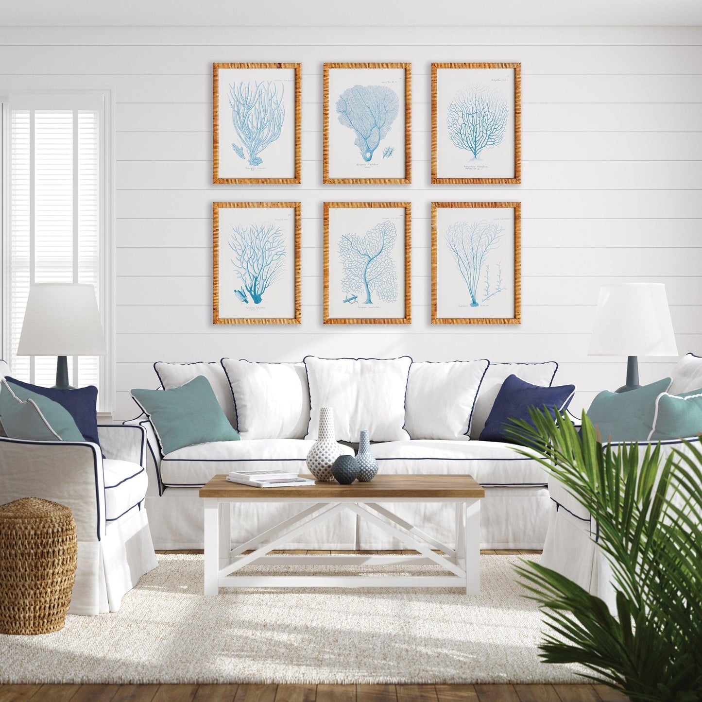 living room with blue wall art sofa and table