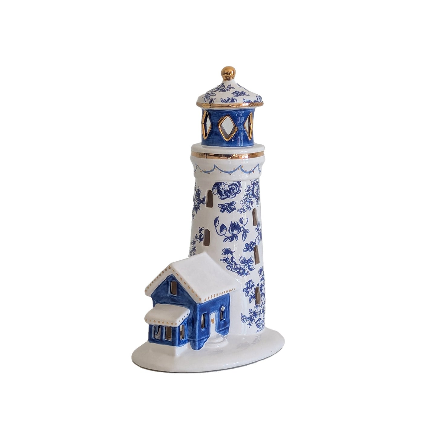 Blue and White Toile Lighthouse with 22K Gold Accents