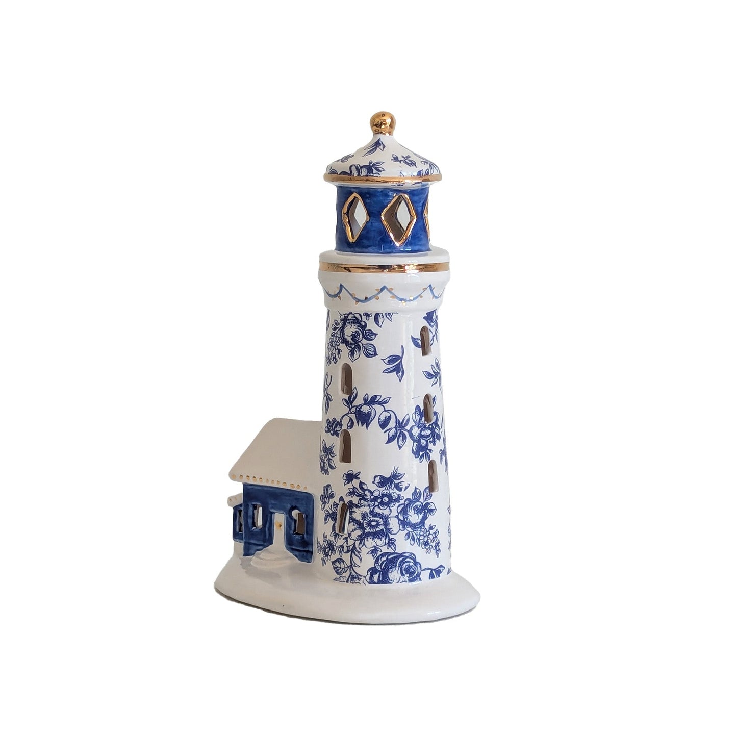 Blue and White Toile Lighthouse with 22K Gold Accents