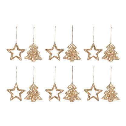 set of 12 rattan tree ornaments