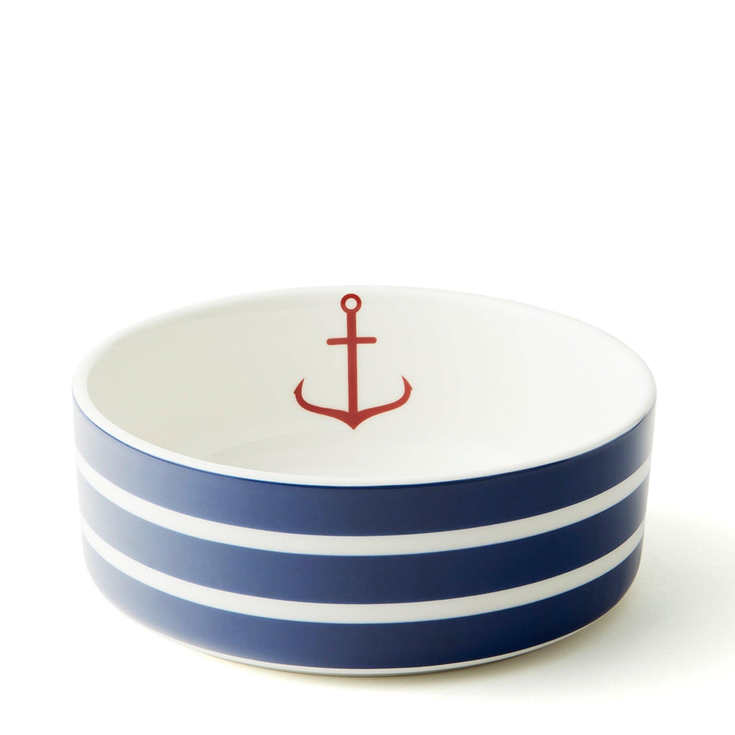 a blue and white bowl with a red anchor on it