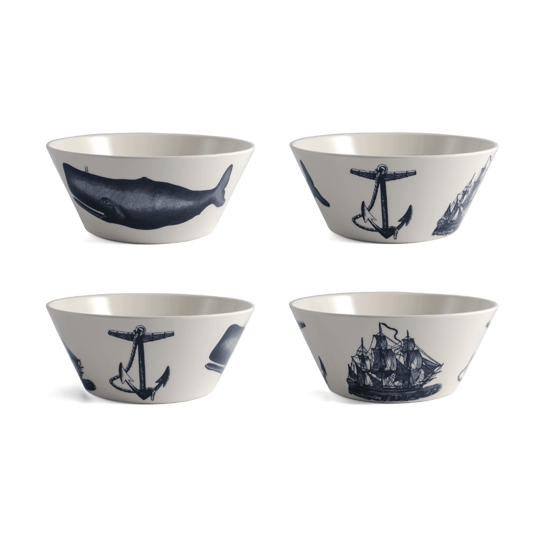 set of 4 white bowls with blue nautical designs