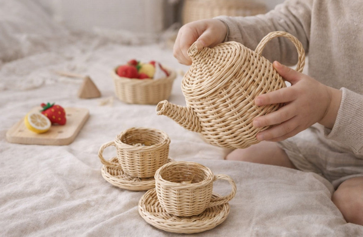 Close-up of handwoven wicker tea set