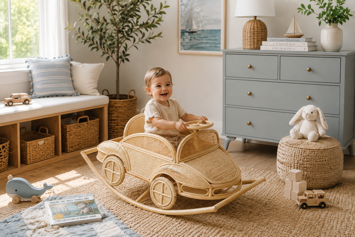 Rattan rocking car with a seated child in a room with woven storage and a blue dresser