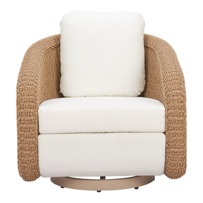 Front view of the Solara outdoor swivel chair with ivory seat and back cushions