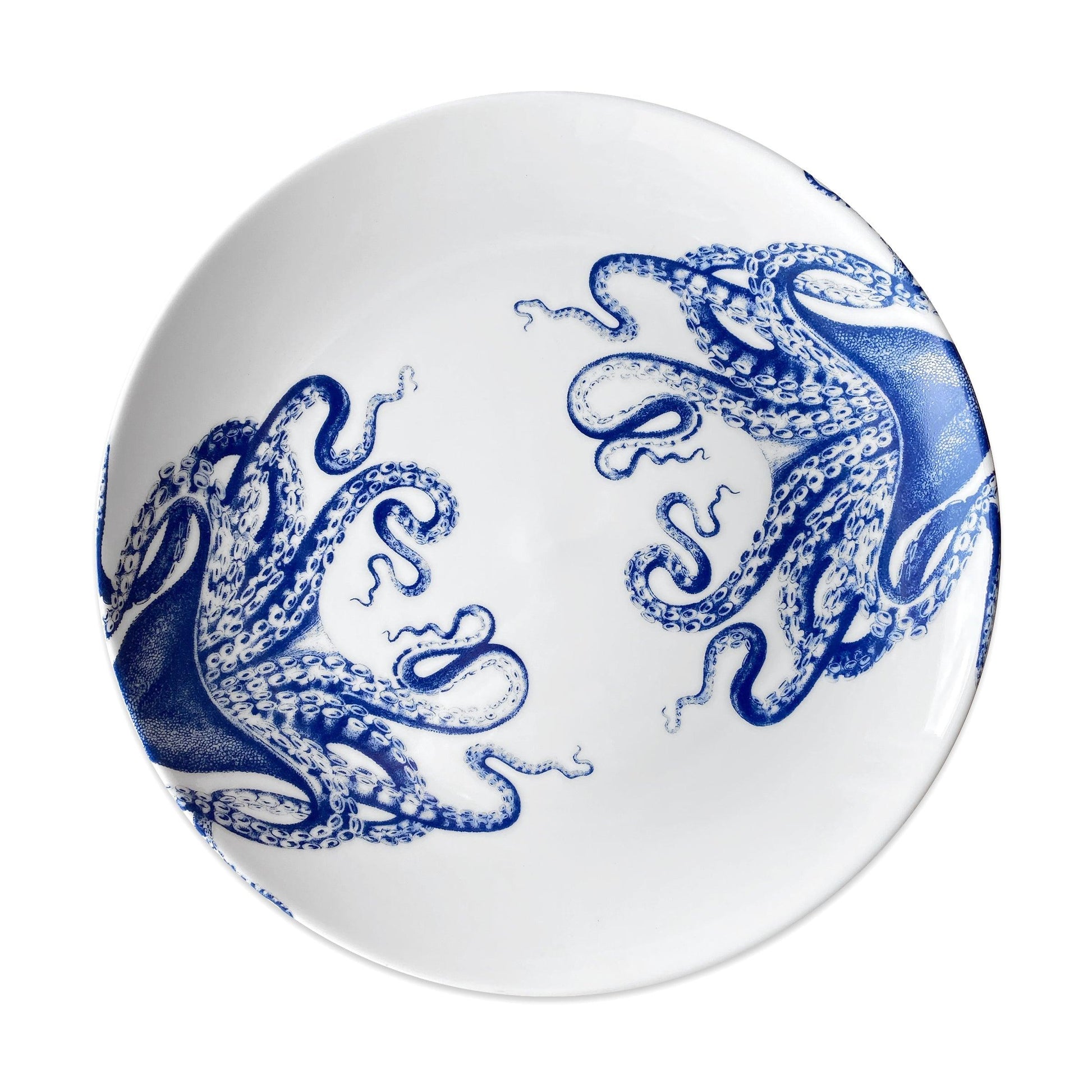 a blue and white plate with an octopus on it