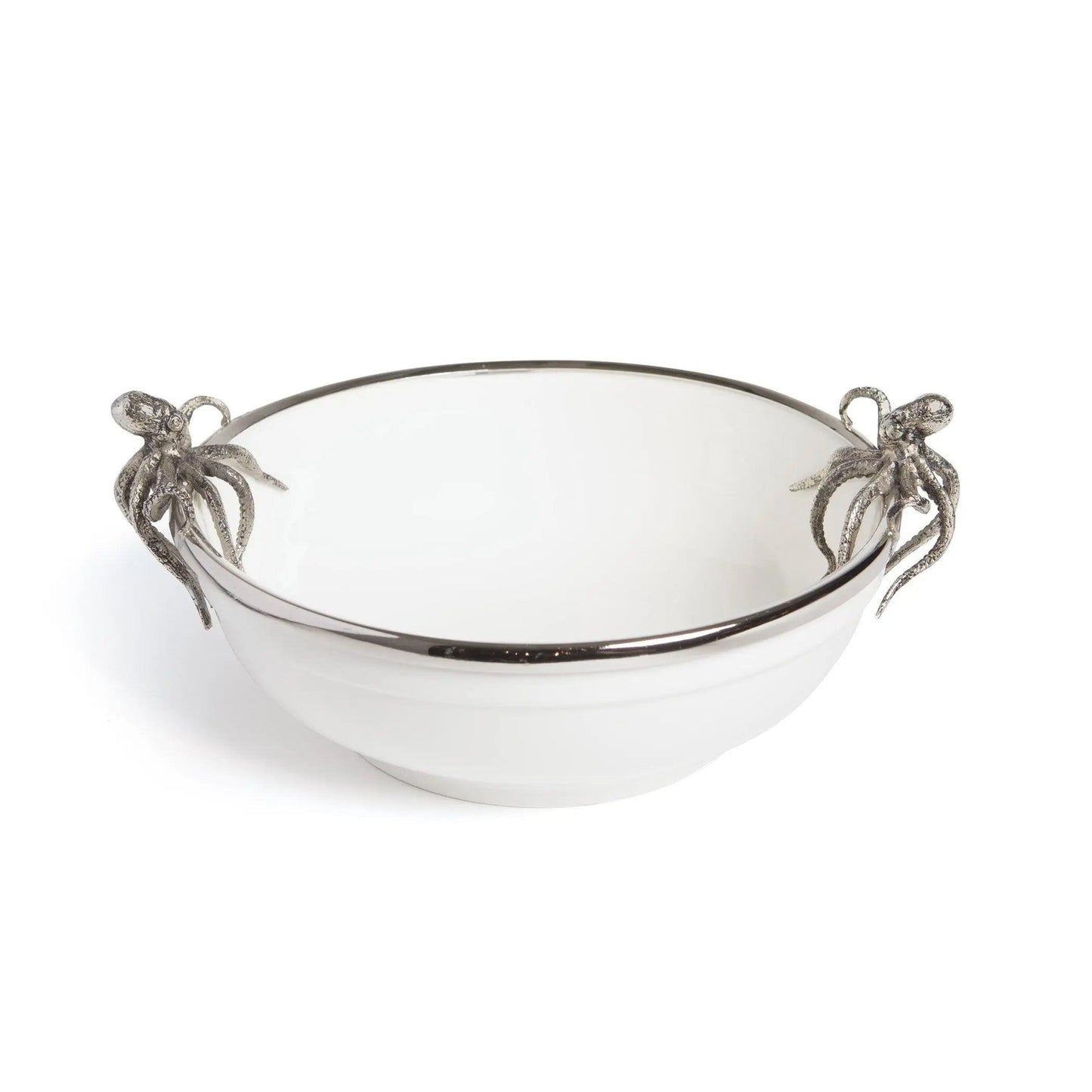 white ceramic bowl with silver octopus handles