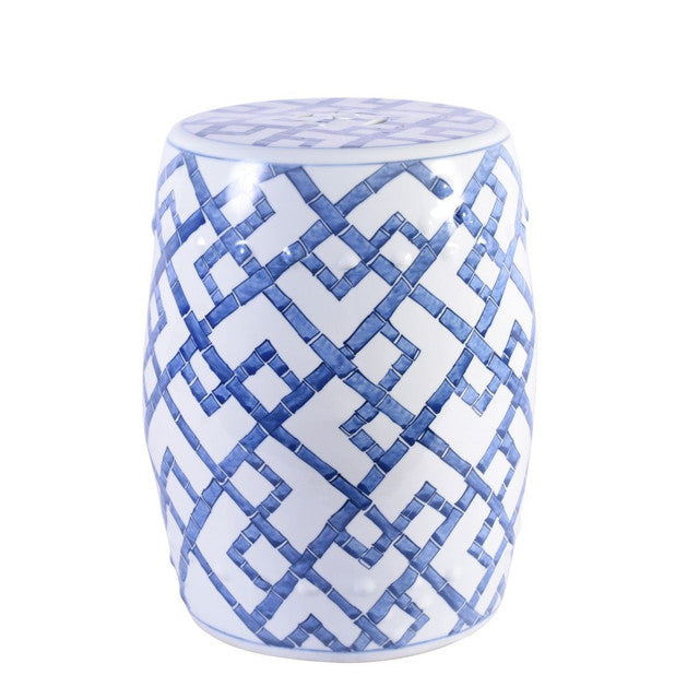 white garden stool with blue bamboo print