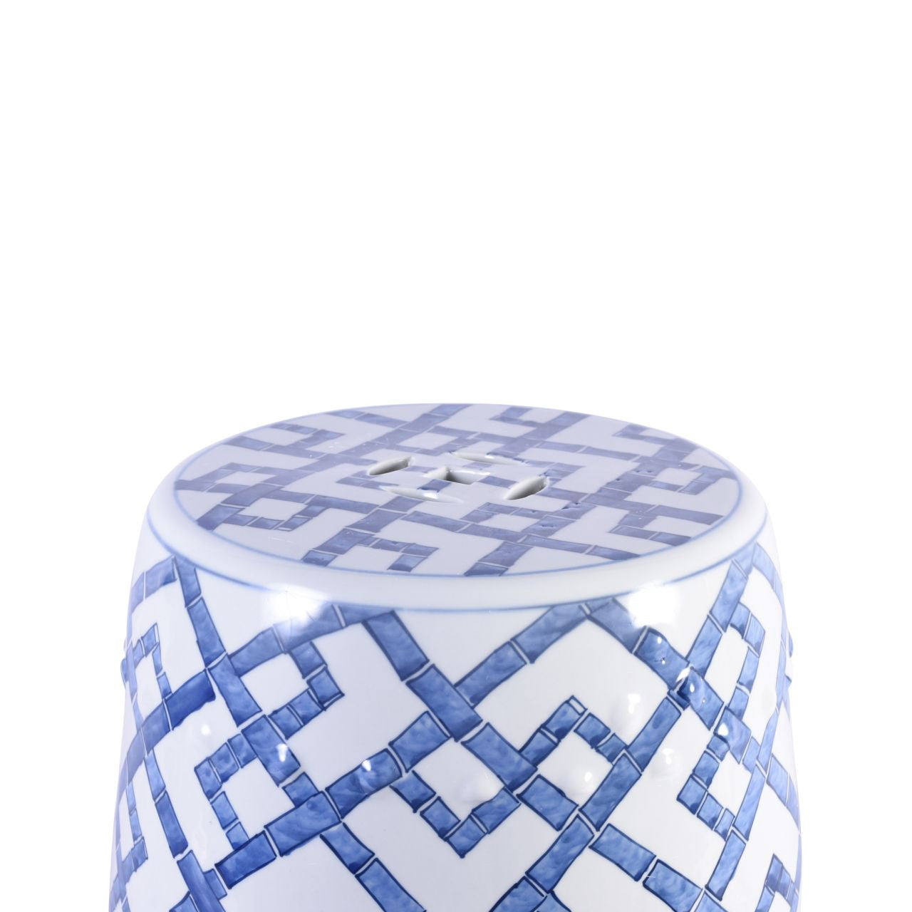 close up of blue and white garden stool