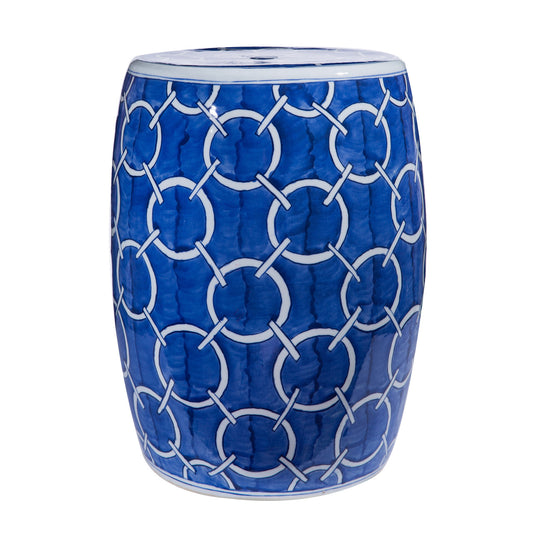 blue garden stool with white circles