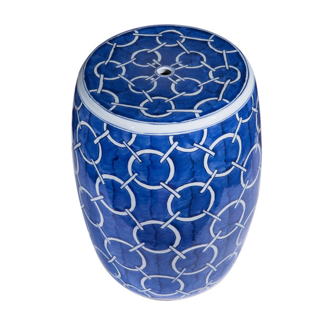 top view of blue garden stool with white circles