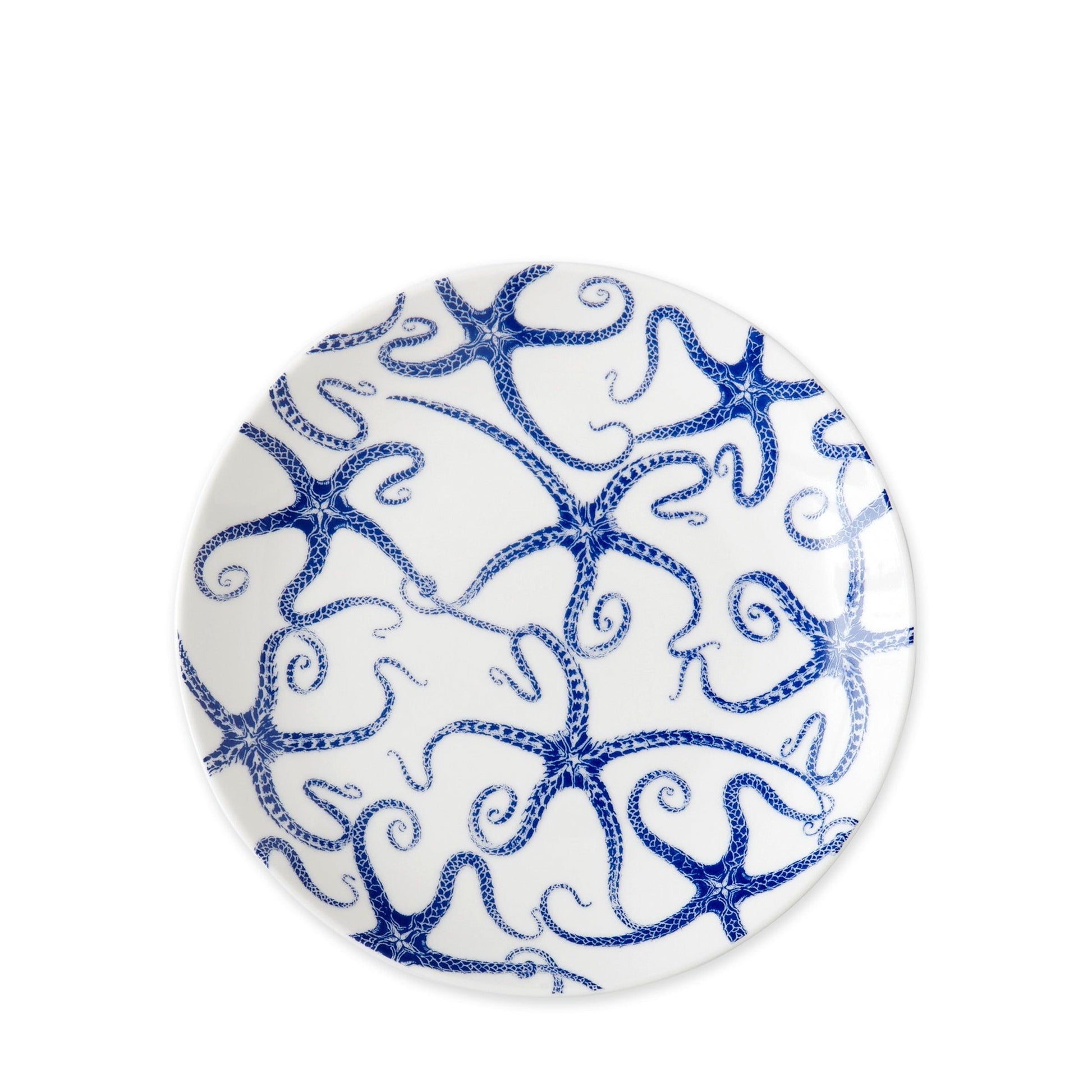 a blue and white plate on a white background