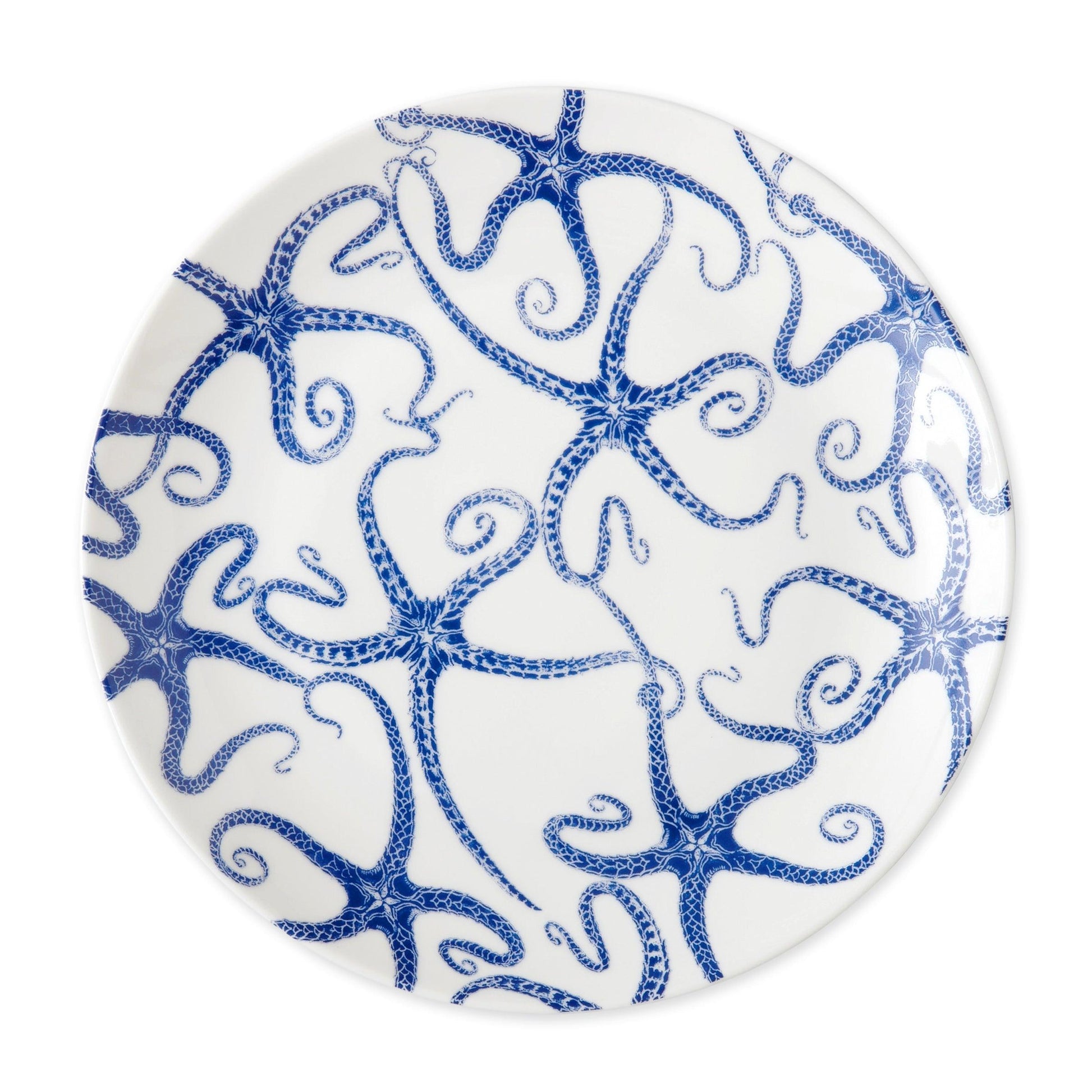 a blue and white plate with an octopus design