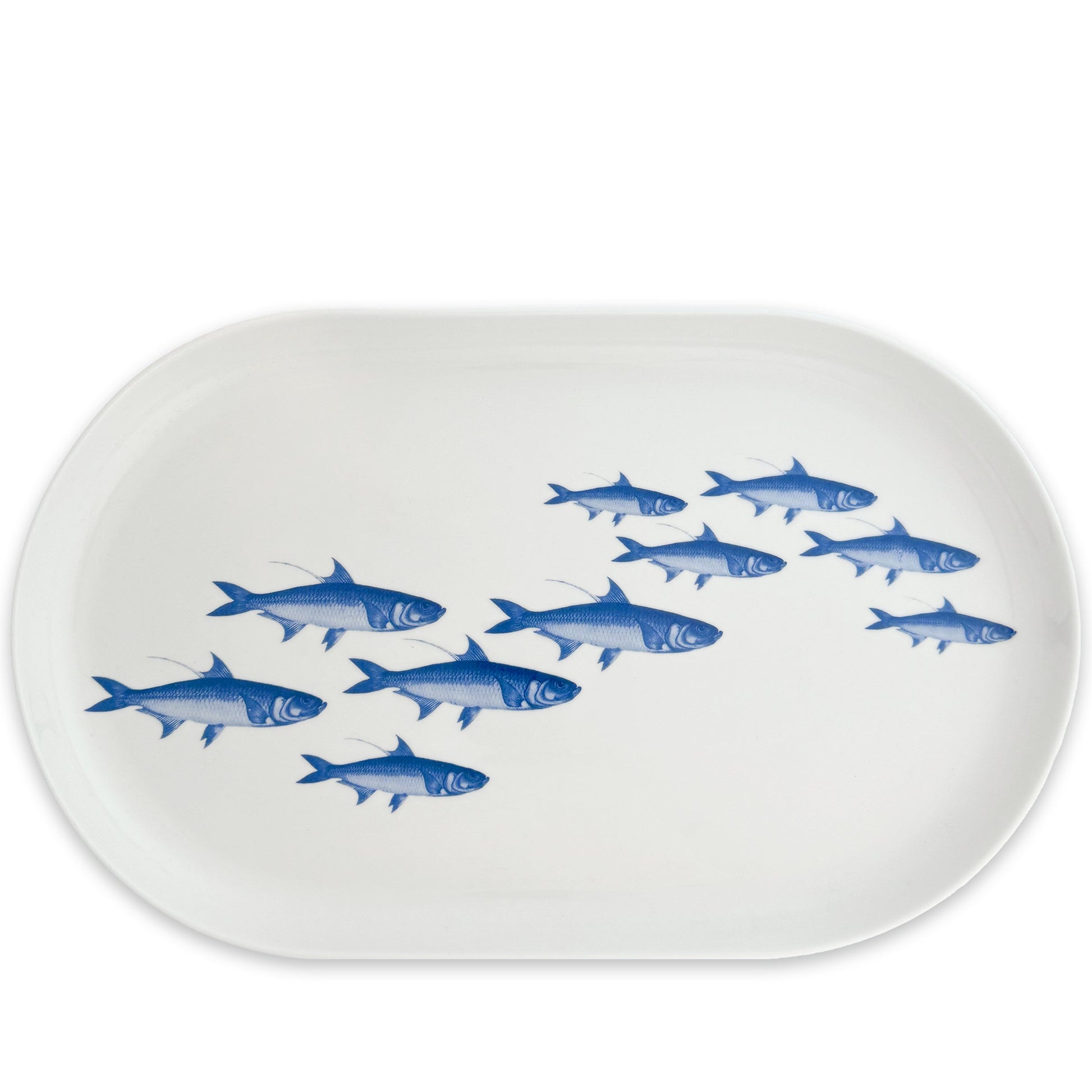 white platter with blue fish