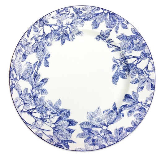 white charger plate with blue leaves