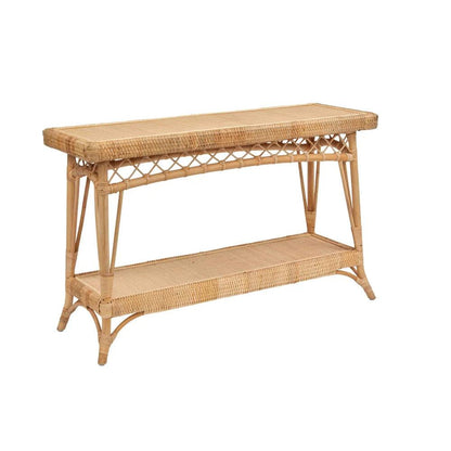 a rattan table with a shelf underneath it