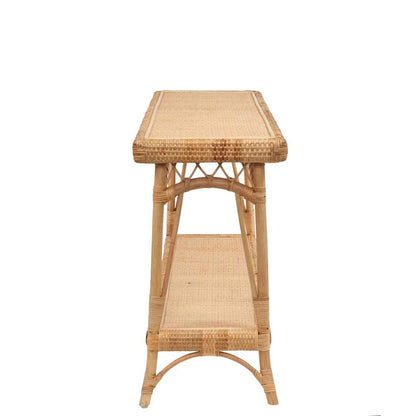 a wicker table with a shelf on top of it