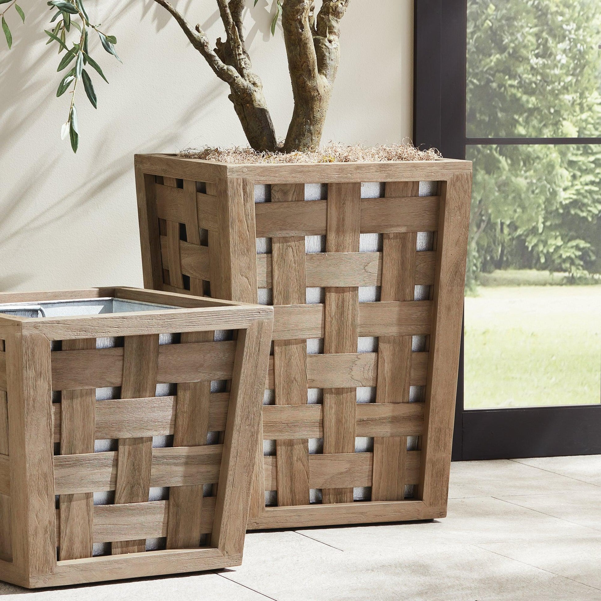 Two real wood planters with a tree 