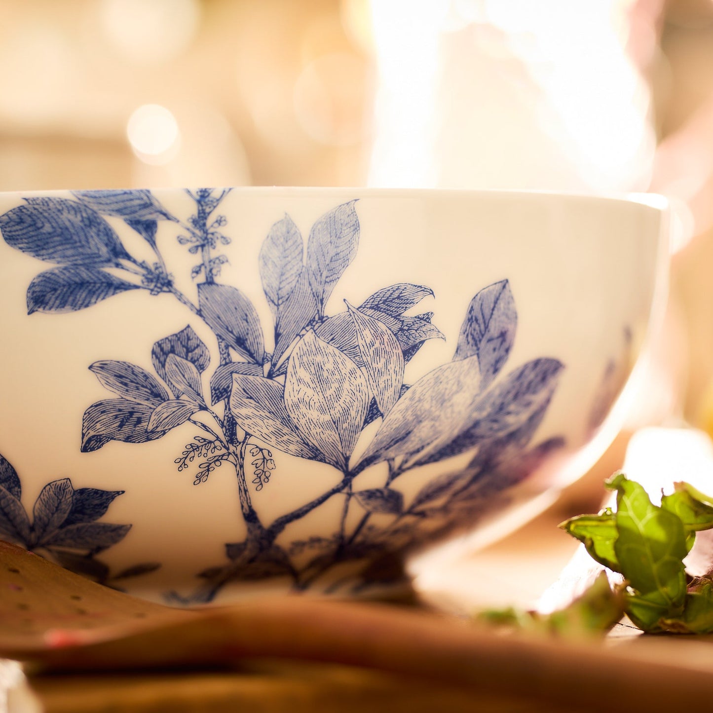 close up of blue and white bowl