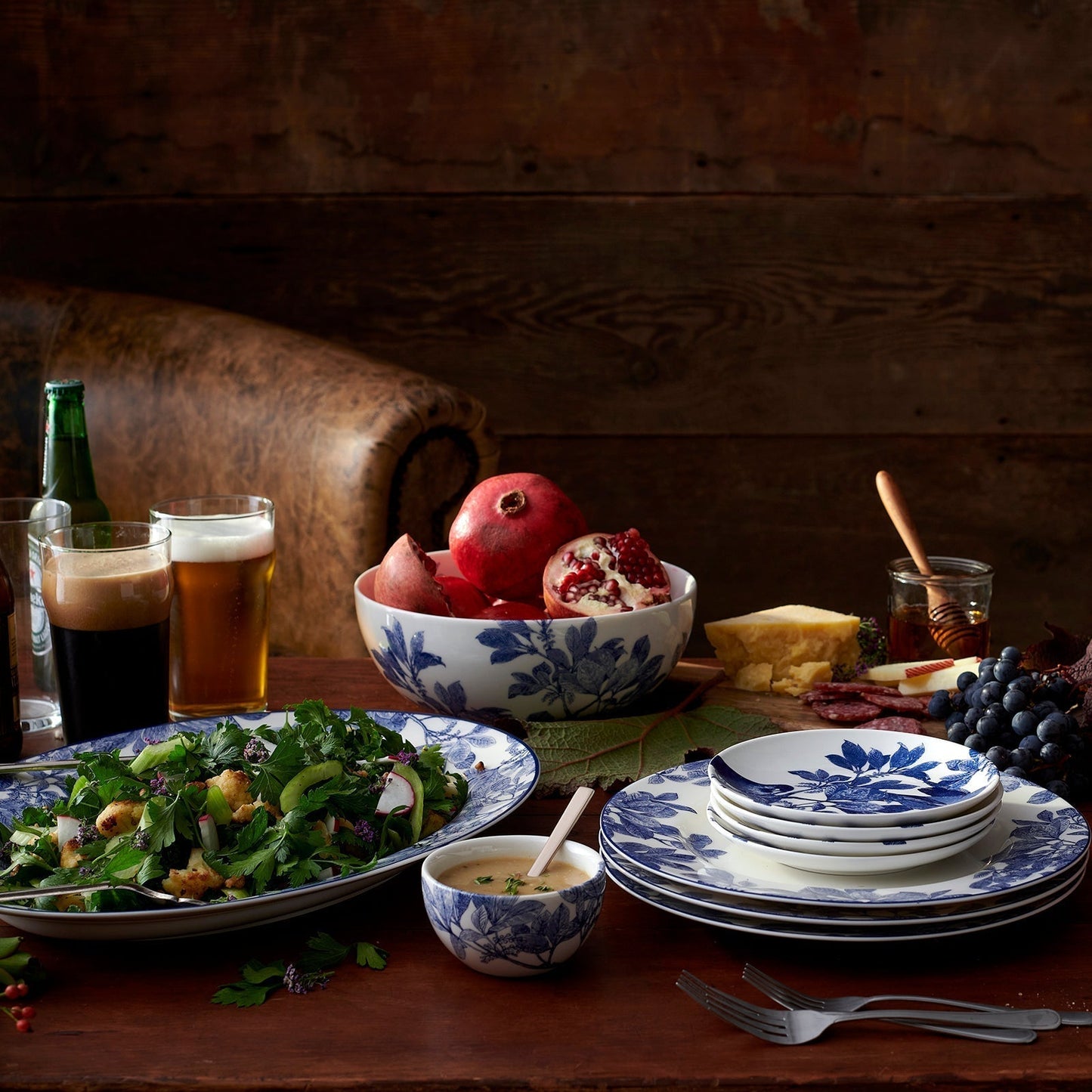 table top with blue and white dinnerware