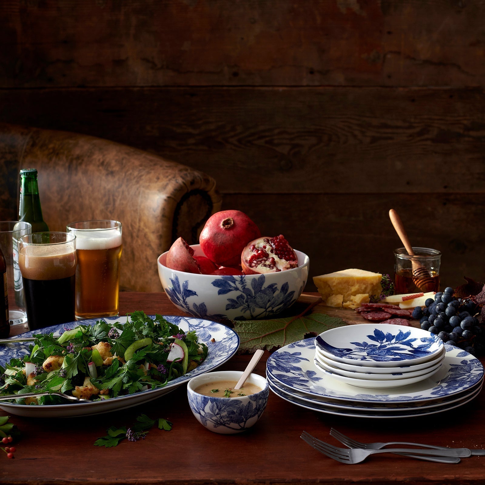 table top with blue and white dinnerware