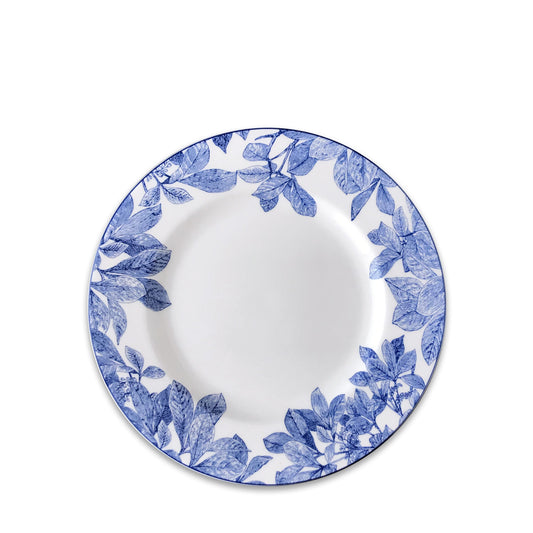 white plate with blue leaves