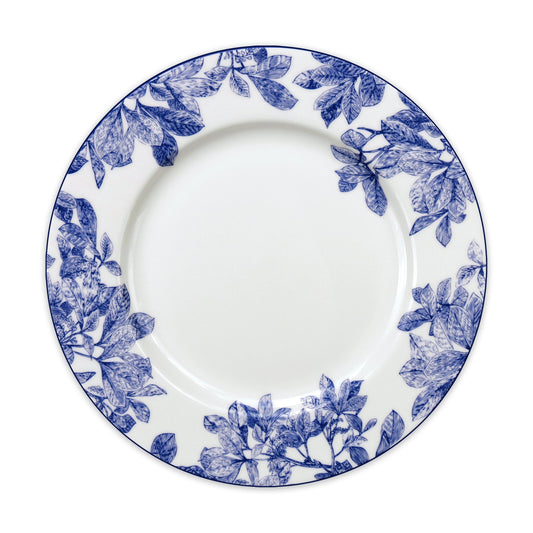 white plate with blue leaves