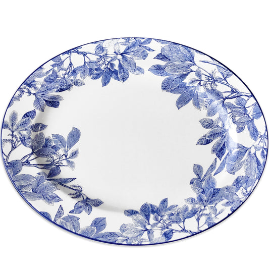 white platter with blue leaves