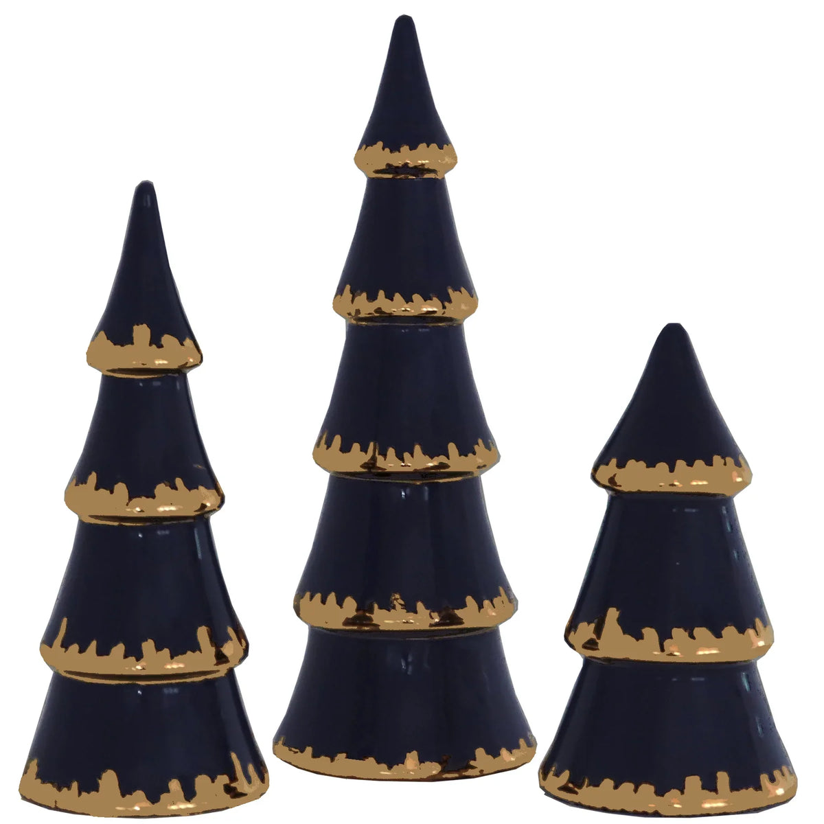Three navy blue tiered Christmas trees in graduated heights with gold brushstroke trim along each tier