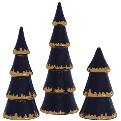 Three navy blue tiered Christmas trees in graduated heights with gold brushstroke trim along each tier