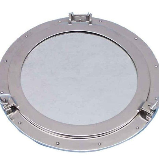 a metal porthole with a white background