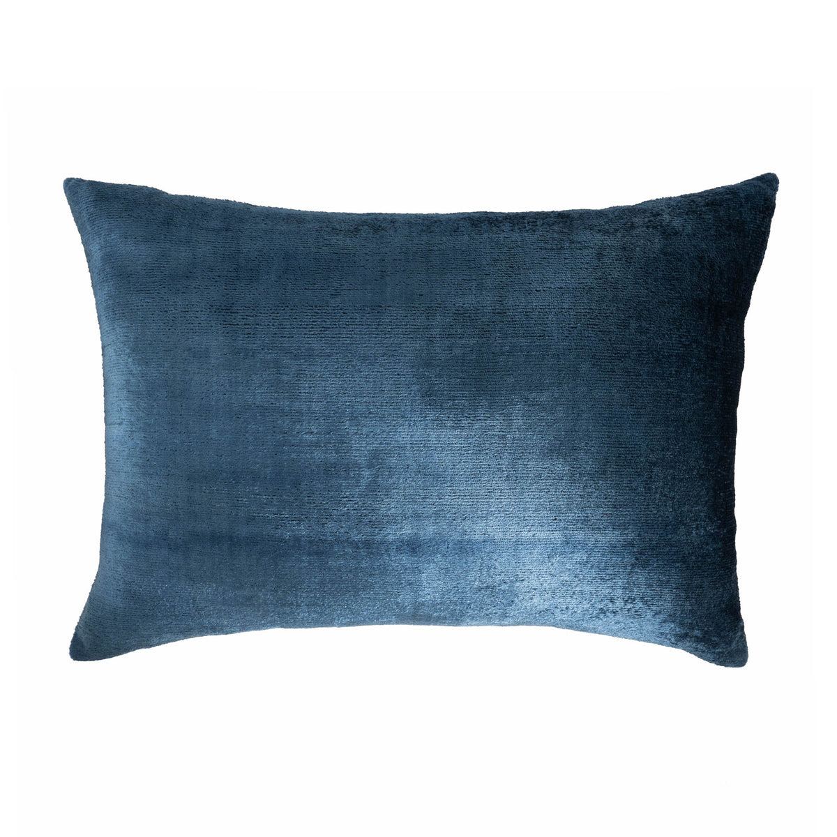 	Front view of the Coastal Blue silk velvet pillow cover showing tonal variations in the fabric