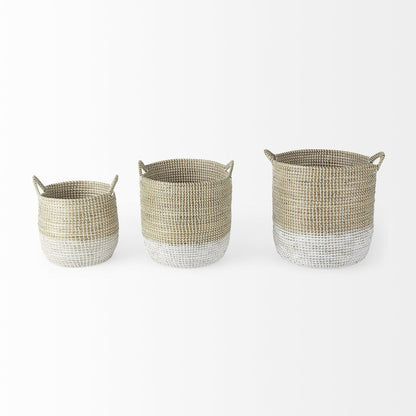 three woven baskets sitting next to each other
