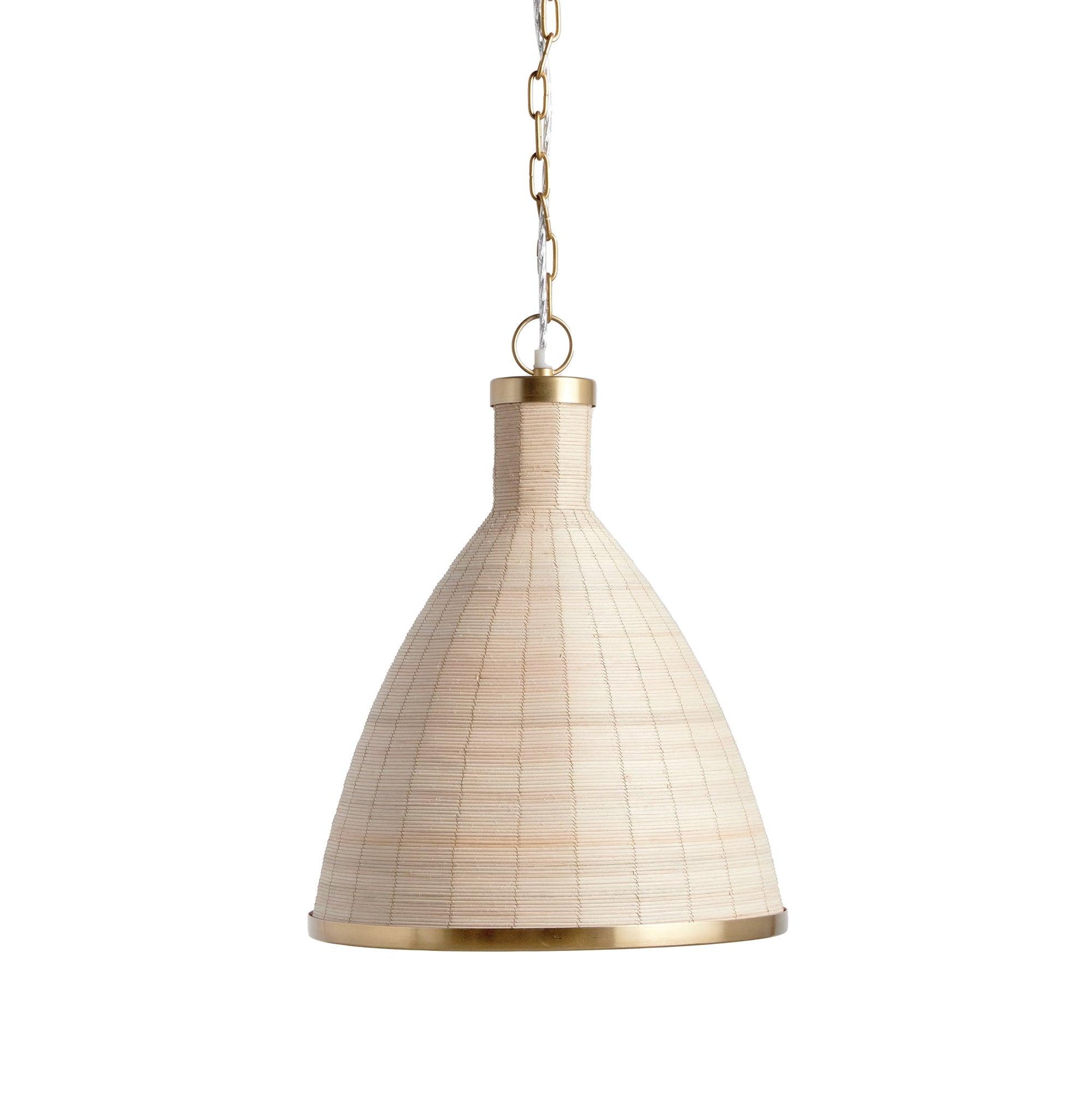 a wooden pendant light hanging from a chain