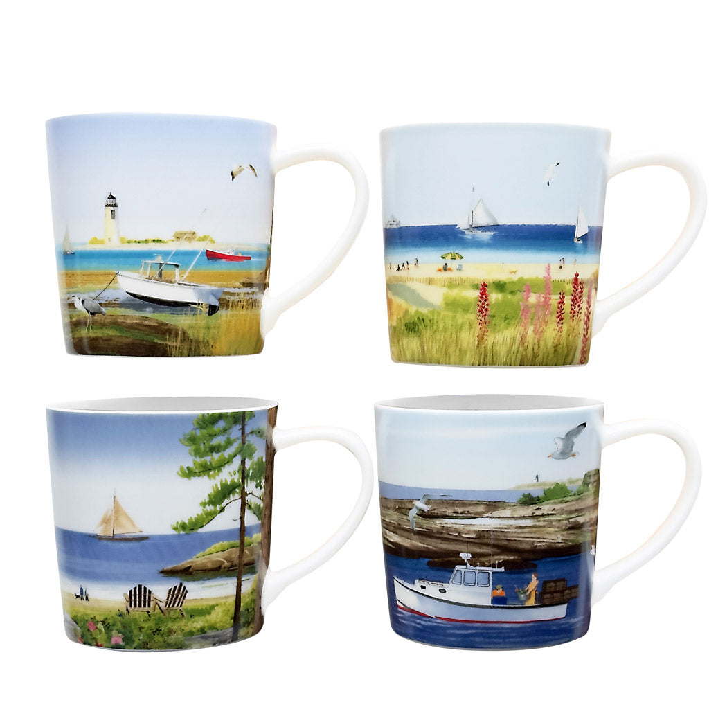 four coffee mugs with coastal scenes