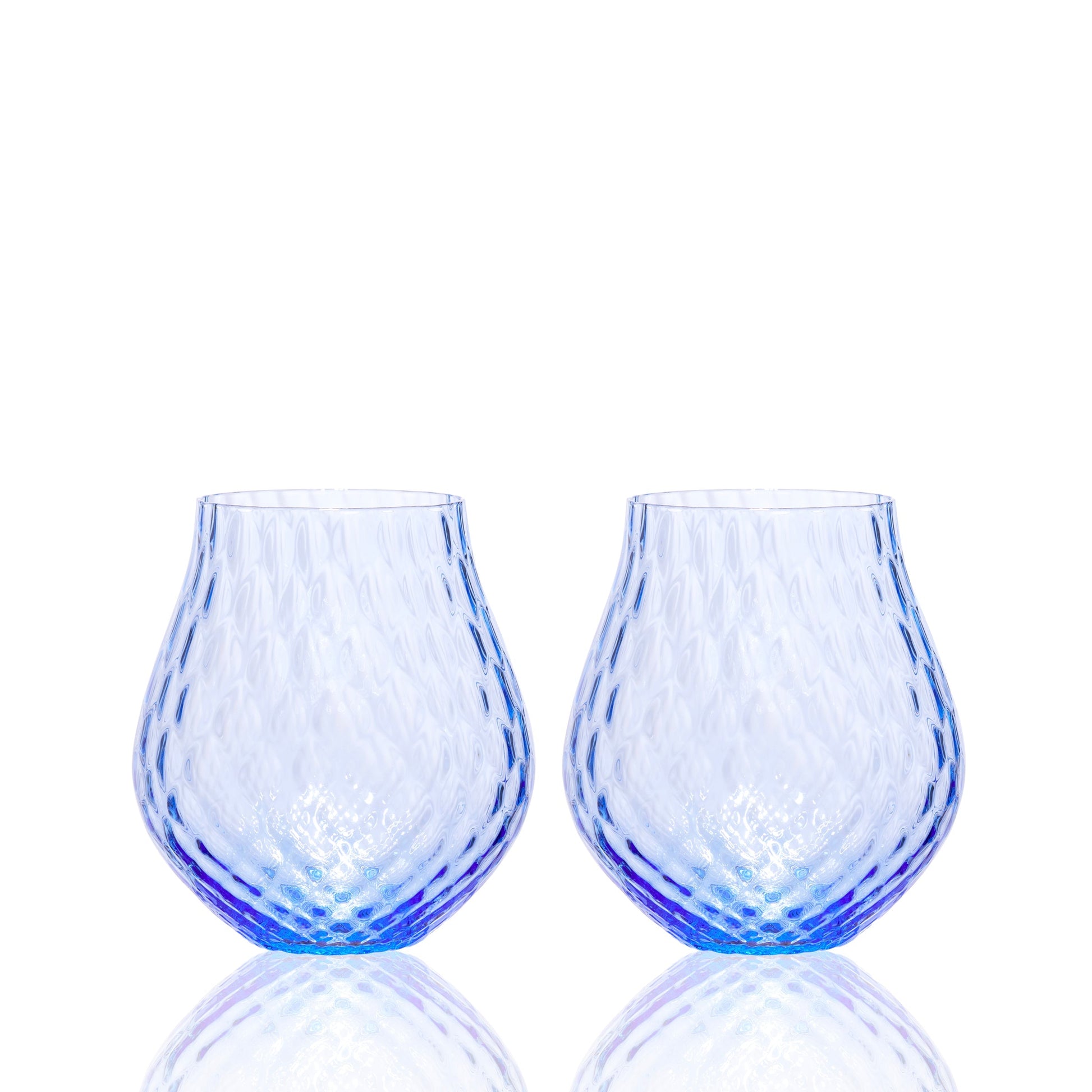 two blue stemless wine glasses