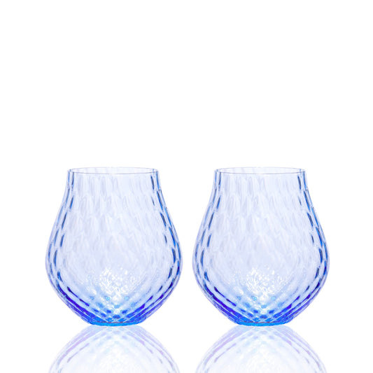 two blue stemless wine glasses