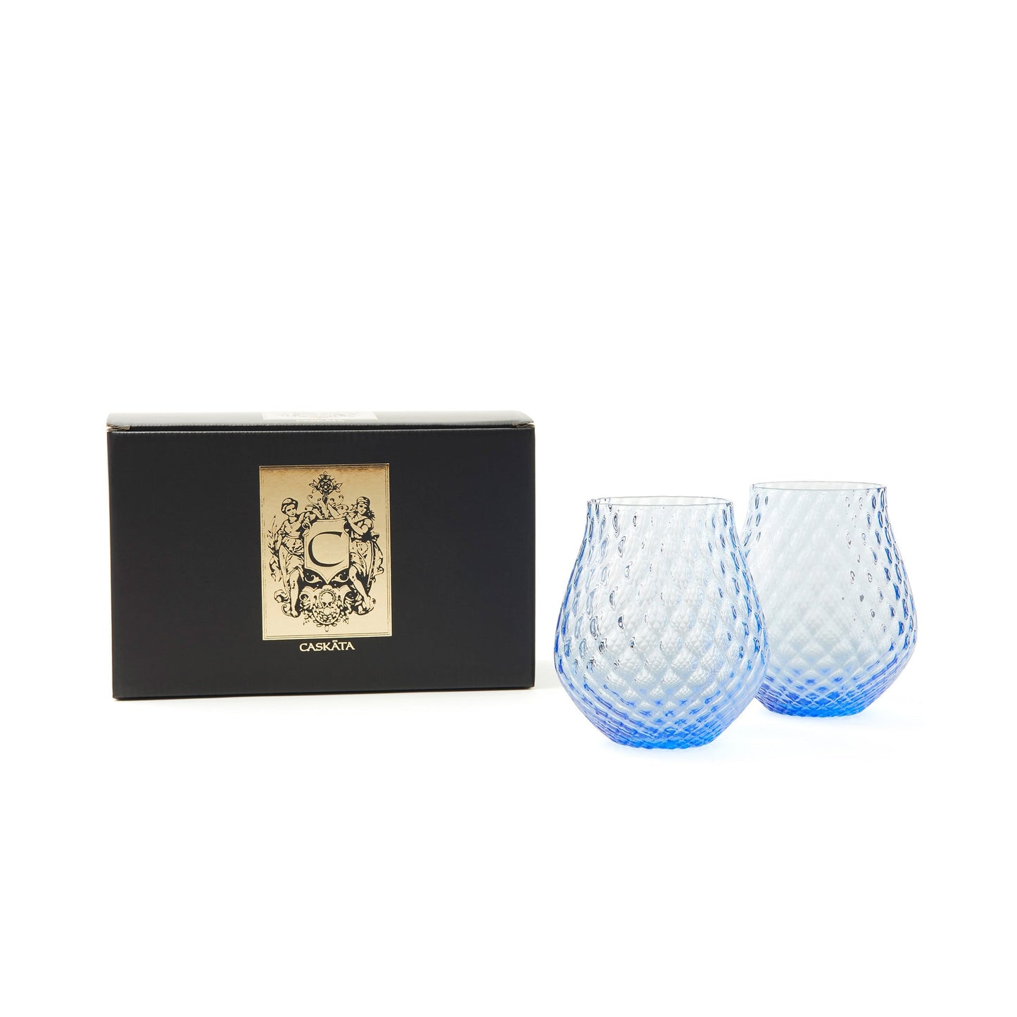 two blue stemless wine glasses next to a black box