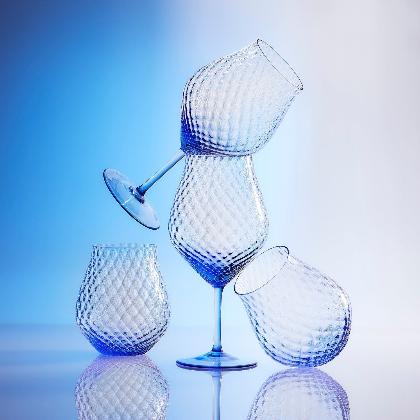 4 blue wine glasses