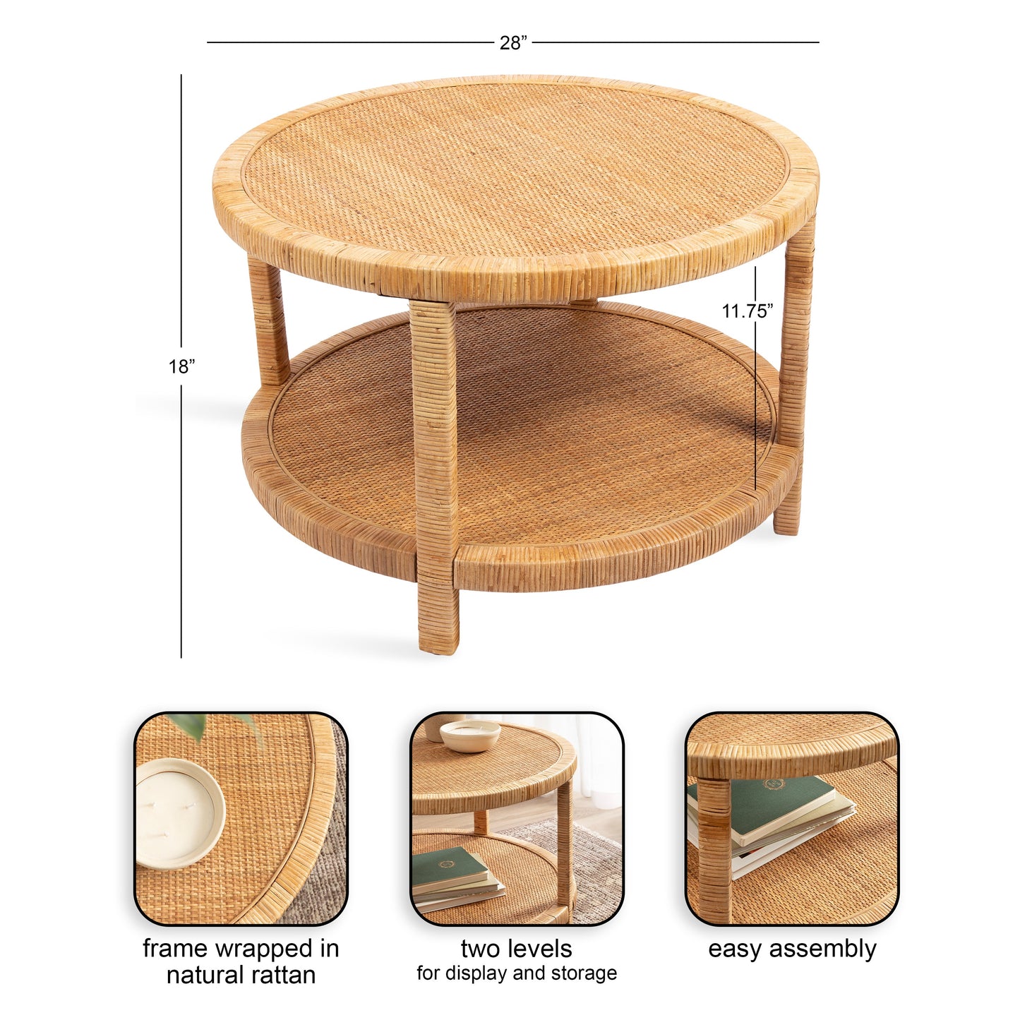 Round Rattan Coastal Coffee Table - Rafina Woven Living Room Furniture, Beach House Decor