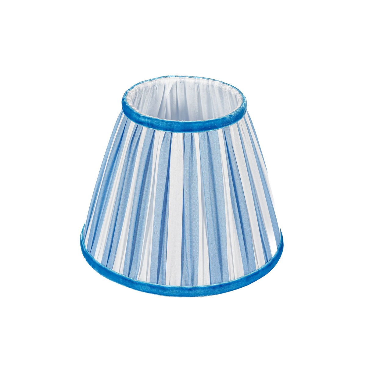 	Separate tapered blue-and-white striped lampshade showing blue trim and its interior