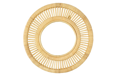 Natural round rattan wall mirror with an open sunburst-style cane frame on a white background