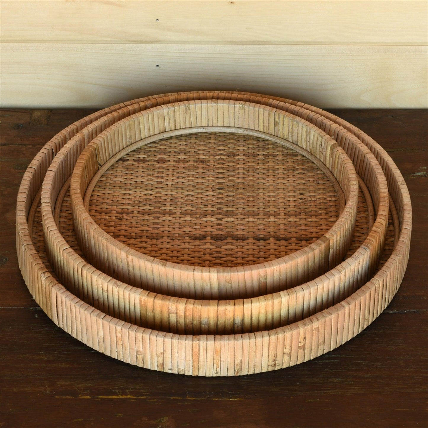 set of three round rattan trays