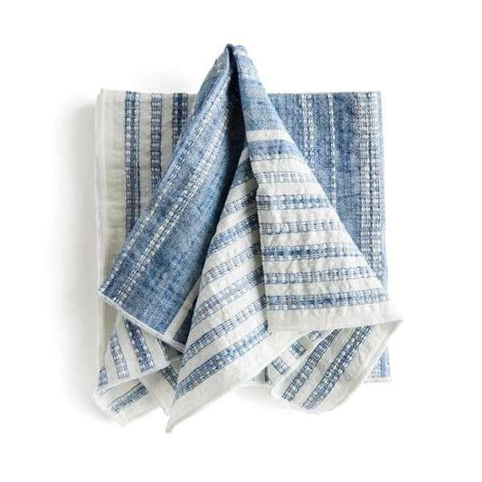 Brenna Cotton Napkins, Set of 4, Blue, 18" x 18" - Cloth Napkins with Grosgrain Ribbon - Surfside Chic Decor