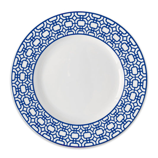 a blue and white plate on a white background