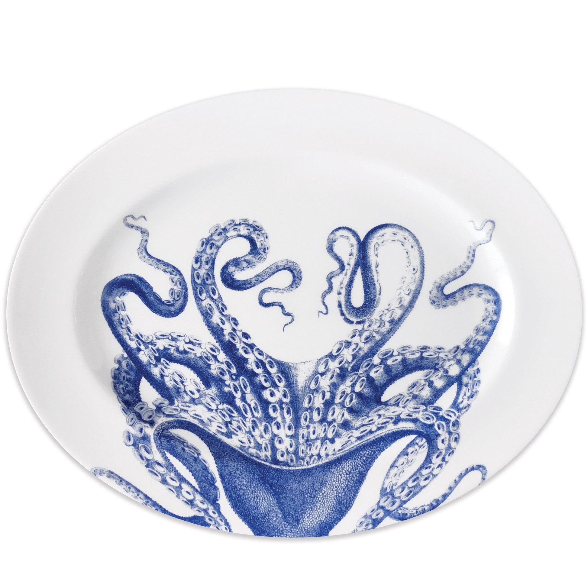 a blue and white plate with an octopus on it